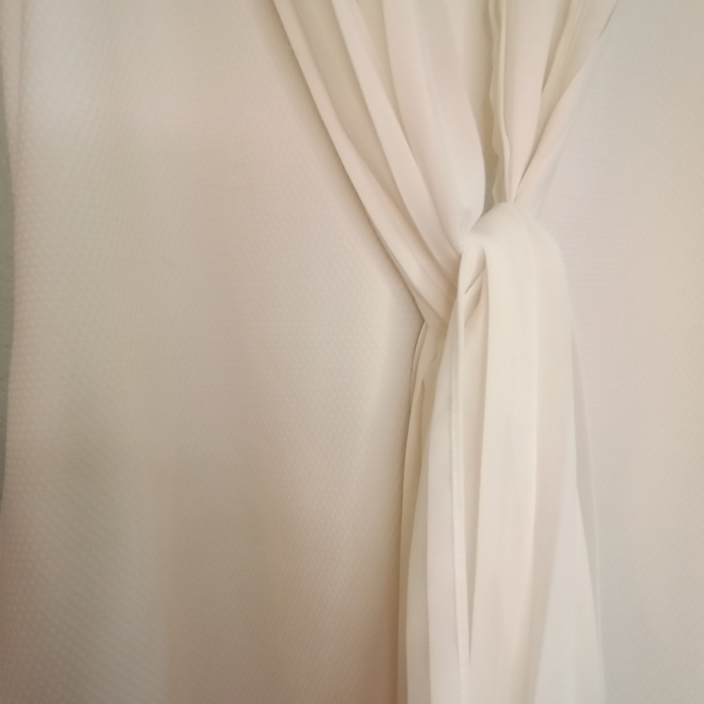 Gracia Flowy Sheath Dress With Pleated Sheer White Draped Knotted Overlay - Picture 9 of 13